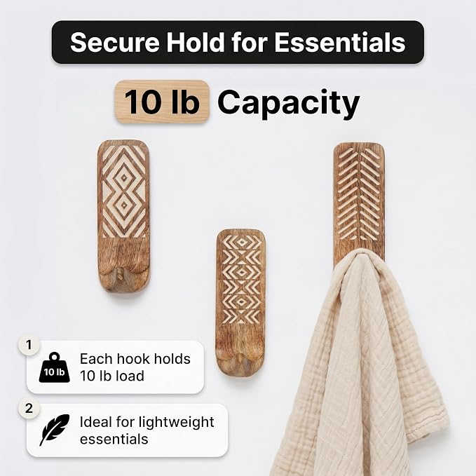 Indian Shelf 10 LB Decorative Wood Adhesive Wall Hooks – Boho Peel and Stick - Image 2