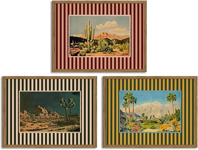 Framed Vintage Western Nature Landscape Wall Art Set of 3, Striped Postcards by Unknown