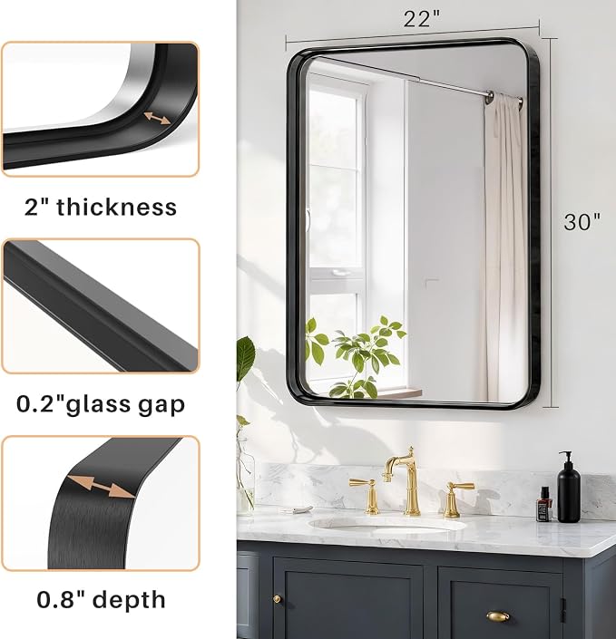 Bathroom Mirror 30x22 Inch Black Metal Frame Rectangle Vanity Mirror - Image 3