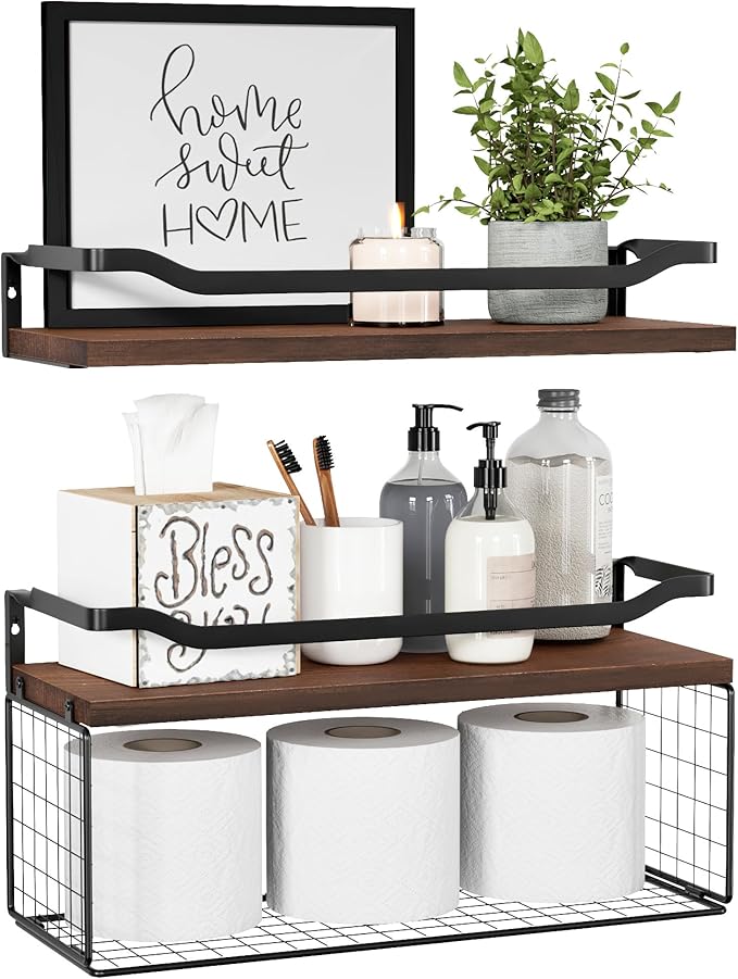 WOPITUES Floating Shelves with Wire Storage Basket, Bathroom Shelves Over by WOPITUESOfficial