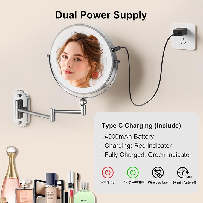 9" Wall Mounted Lighted Makeup Mirror, 4000mAh Rechargeable Double Sided 1X/10X - Image 4