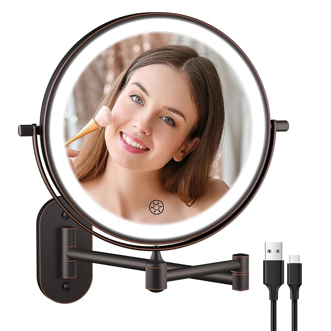 5000mAh Rechargeable Wall Mounted Lighted Makeup Vanity Mirror Double Sided 1X by FUNTOUCH