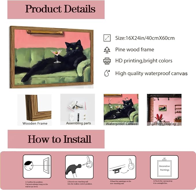 Funny Black Cat Martini Wall Art, Bar Cart Decor, Eclectic Cocktail Painting - Image 2