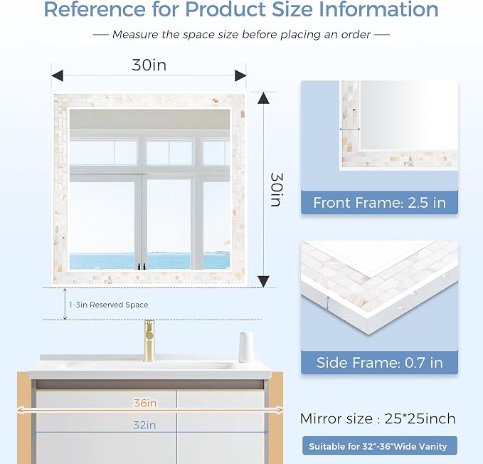 Tanmicoshomy 30 x 30 Inch White Rectangle Wall Mirror, Natural Shell Framed - Image 3