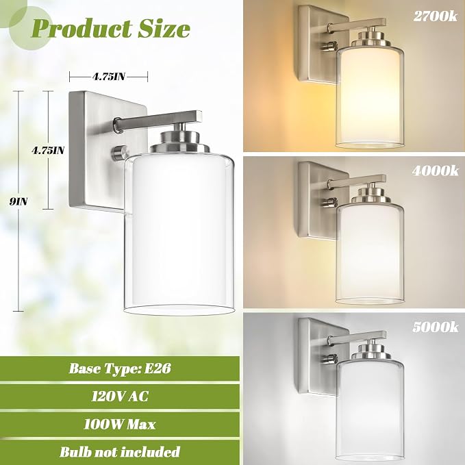Set of 2 Wall Sconces for Bathroom, Modern Vanity Light Fixtures, Nickle Wall - Image 6