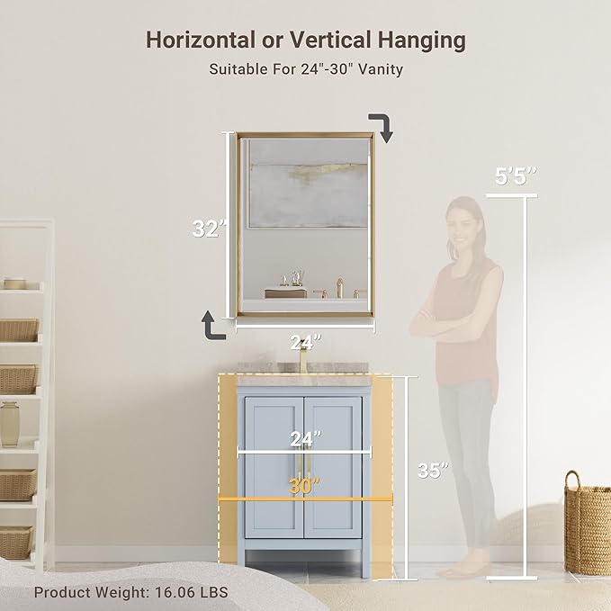 Gold Bathroom Mirror, 24x32 Brushed Gold Bathroom Mirror Beveled Edge, - Image 2