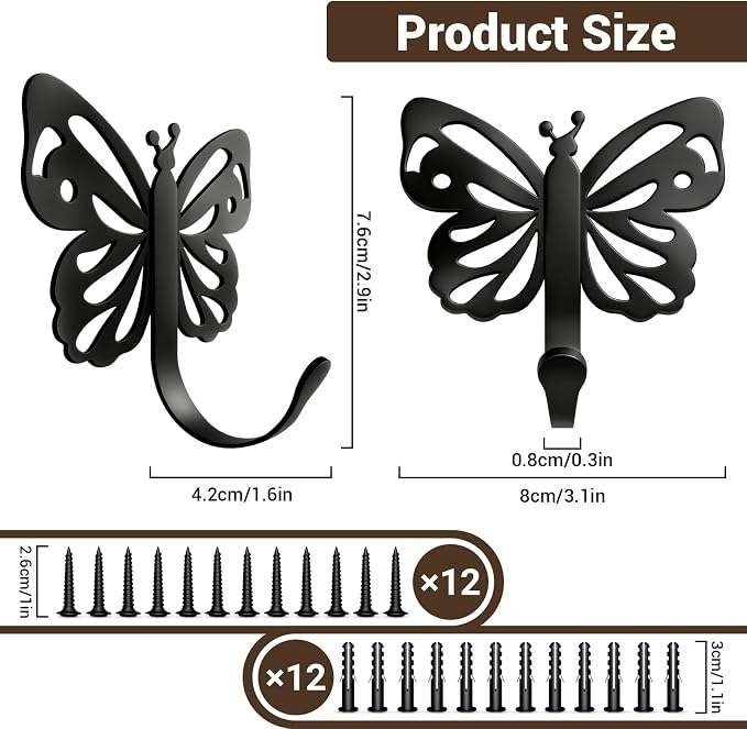 Butterfly Coat Hooks For Wall, Heavy Duty 20LB Black Coat Hooks & Towel Hooks - Image 2