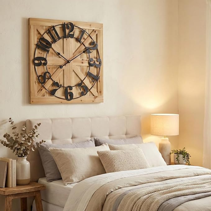 EMAX HOME Large Farmhouse Wall Clock – 24 Inch Brown Square Rustic Wooden Clock - Image 7