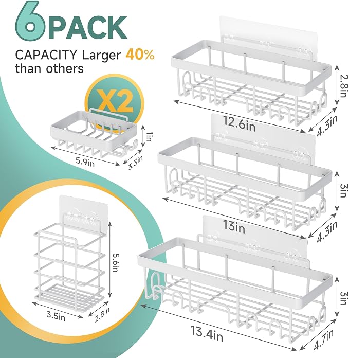 Veken 6-Pack Rustproof&Waterproof Shower Caddy, Adhesive Shelves Rack - Image 6