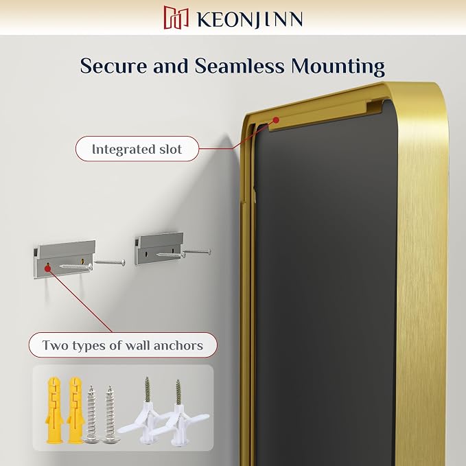 Keonjinn Brushed Gold Bathroom Mirror 48 x 30 Inch Large Rounded Rectangle - Image 6