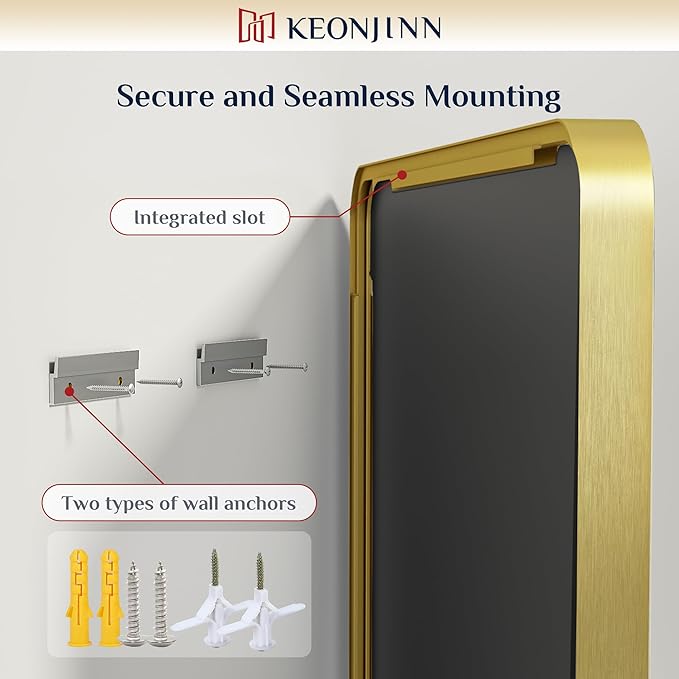 Keonjinn Gold Bathroom Mirrors for Wall 42” x 20” Large Rounded Rectangle Gold - Image 6