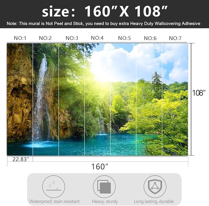 -Green Lake Waterfall Scenery Fabric Wallpaper Living Room Woodland Forest - Image 4