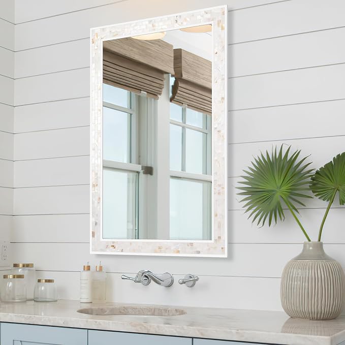 Tanmicoshomy 26 x 40 Inch Rectangle Bathroom Mirror, Natural Shell Framed - Image 7