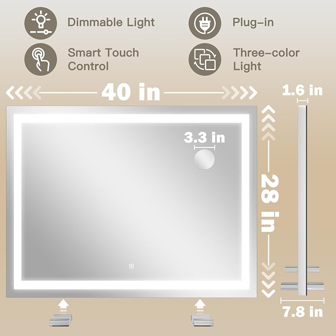 ROLOVE 40x28 Inch Lighted Vanity Mirror, 3-Color Lighting & Dimmable Modes - Image 2