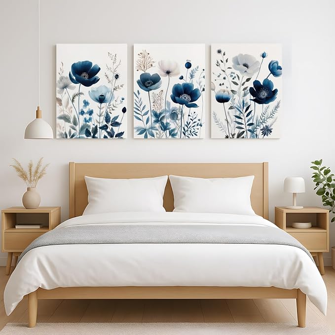 LLEEMPI Framed Navy Blue Floral Wall Art Set of 3, Modern Wildflower Wall Decor - Image 5
