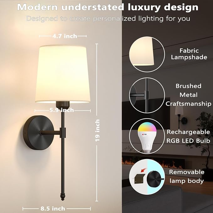 Ouyulong Battery Operated Wall Sconces Set of 2, Wireless Rechargeable Dimmable - Image 4