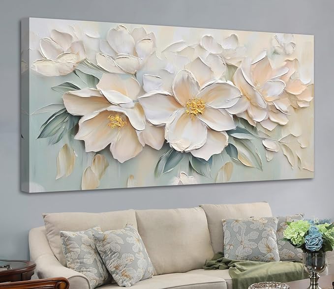 Anolyfi White Textured Flowers Canvas Wall Art - Image 2