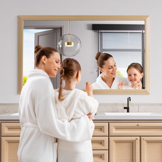 Amorho Bathroom Mirror, 60 X36 Inch Wall Mirror, Oak Wood Grain Metal Framed - Image 5