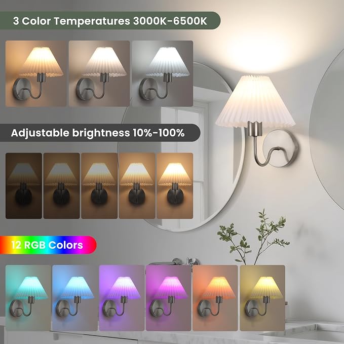Wireless Wall Sconce Sets of 2, Pleated Shades Rechargeable Battery Operated - Image 4