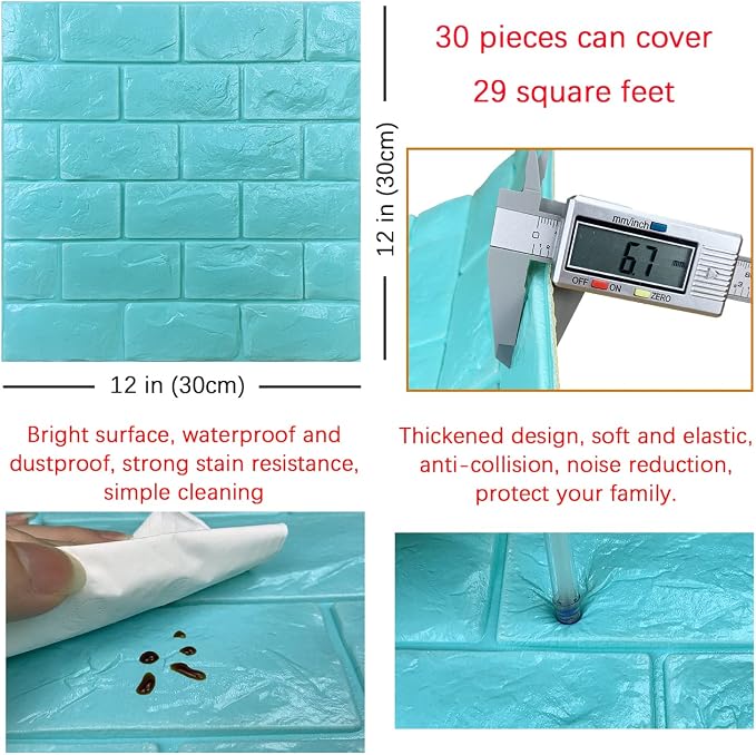 30PCS 3D Wall Panels Peel and Stick Faux Brick Wallpaper Blue Self Adhesive - Image 5