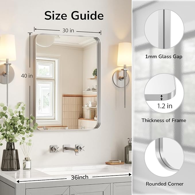 USHOWER Brushed Nickel Bathroom Mirror 30"x40", Rounded Corner, Aluminum Frame - Image 2