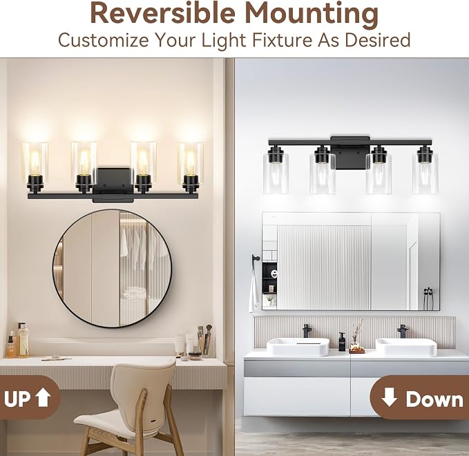VerRon 4 Lights Bathroom Light Fixtures, Matte Black Modern Vanity Lights Over - Image 2
