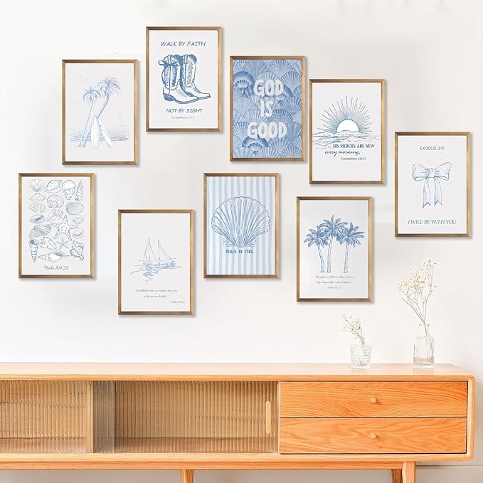 9 Pcs Coastal Christian Wall Art Blue Seashell Posters Inspirational Bible - Image 5