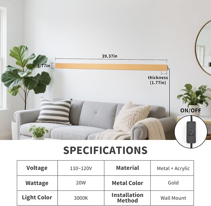 KELUOLY Modern Plug in Long Wall Sconce, 20W Warm White 3000K Acrylic Indoor - Image 2