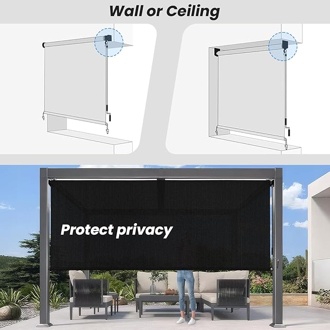 6'W x 8'H Black Patio Shades Roll up Outdoor Roller Shade Crank Wand Blind - Image 6