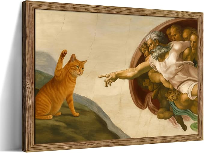 Framed Vintage Cat Canvas Wall Art, Funny Orange Cat Parody Classic Masterpiece by Unknown