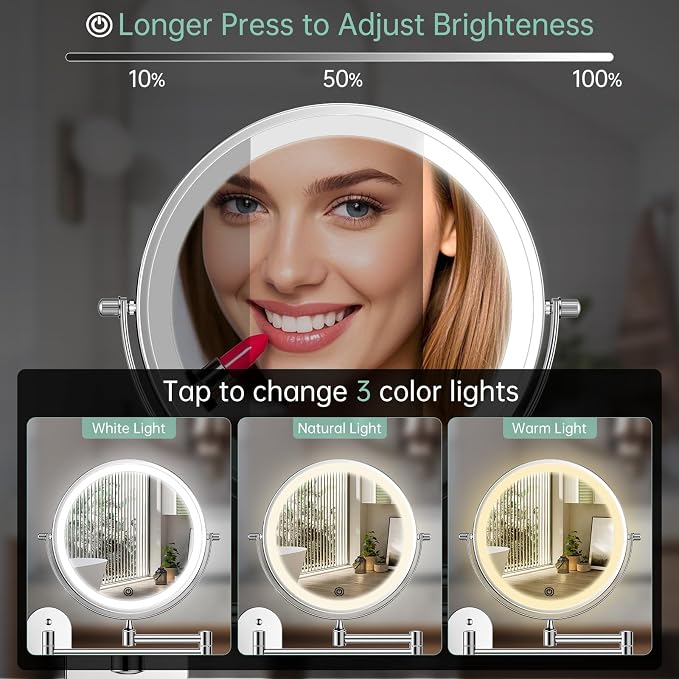 FUNTOUCH 2500mAh Rechargeable Wall Mounted Lighted Makeup Vanity Mirror 8 Inch - Image 4