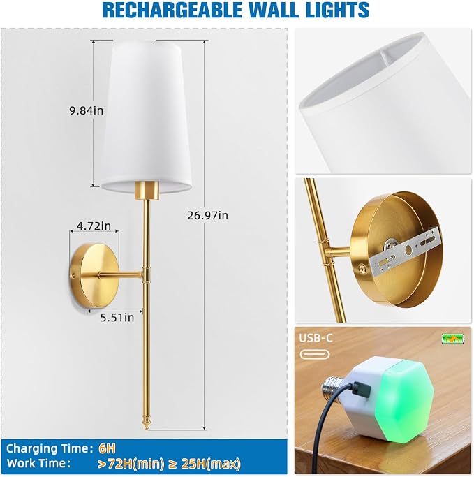 NIORSUN Gold Battery Operated Wall Sconce Set of 2, Rechargeable Wall Lights - Image 7