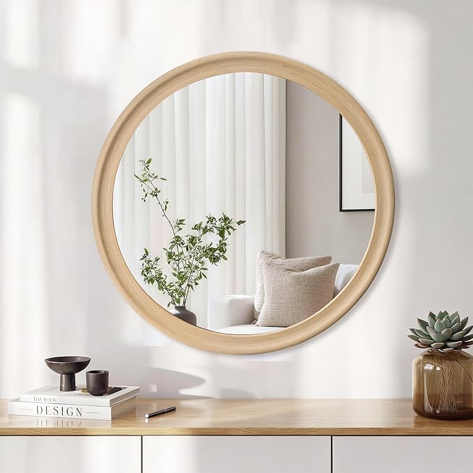 CULER Round Wall Mirrors 24 Inch, Natural Rustic Decorative Transitional Mirror - Image 4