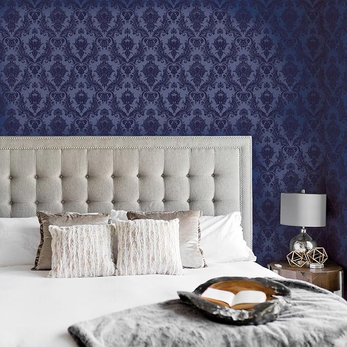 Tempaper Textured Metallic Blue Damsel Removable Peel and Stick Damask Wallpaper - Image 3