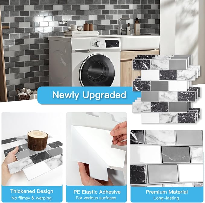 Art3d Peel and Stick Black White Grey Marble Wall Tiles – 12"x12" Thicker - Image 5