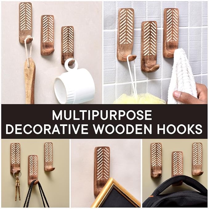 IndianShelf 10 LB- 6 Pieces Decorative Wood Adhesive Wall Hooks–Boho Peel and - Image 5