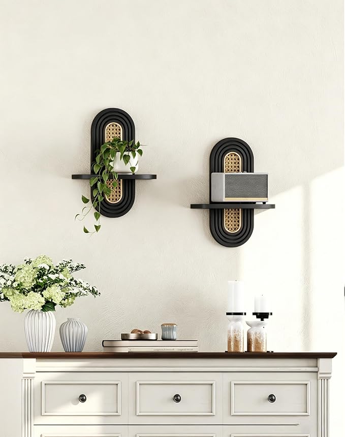 Floating Shelves for Wall, Boho Home Wall Decor, Rattan Plant Shelf Set of 2 - Image 7