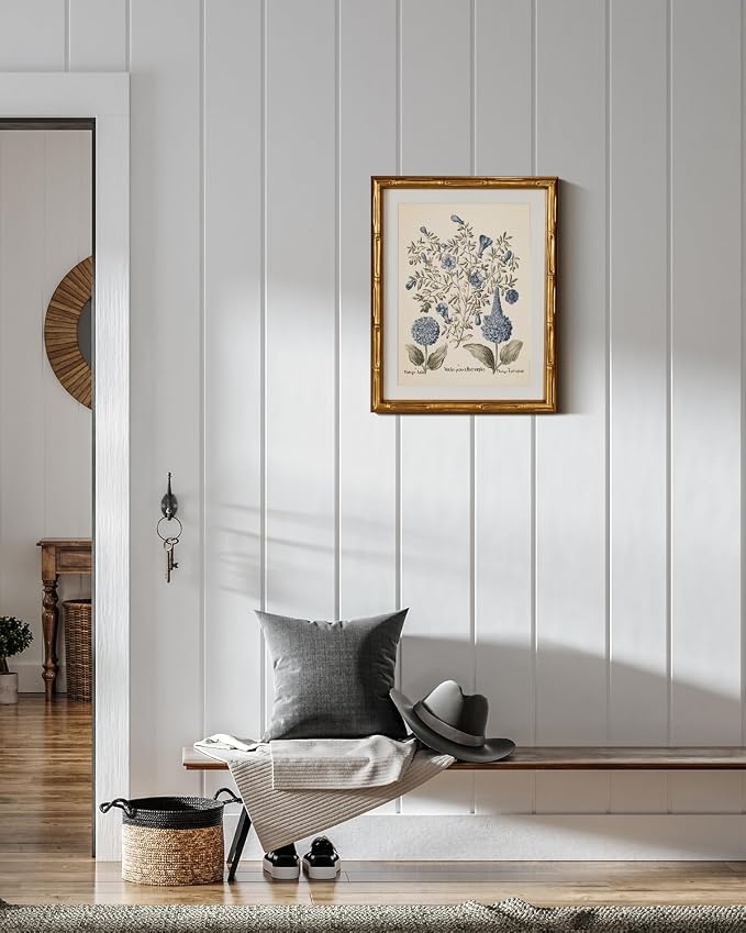 InSimSea Gold Bamboo Framed Canvas Wall Art, Retro Blue Hydrangea Botanical - Image 7