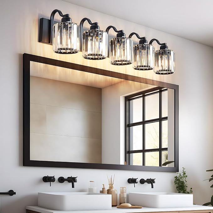 Crystal Vanity Light Black 5 Lights Modern Bathroom Vanity Lighting Fixtures - Image 6