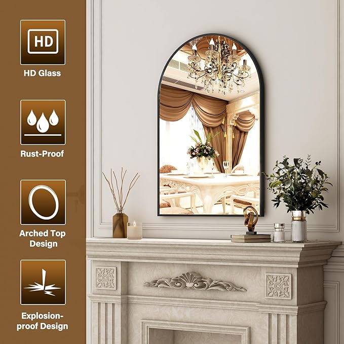 XRAMFY 24"x36" Black Arched Bathroom Mirror - Image 5