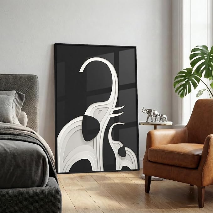 Large Framed Modern Black and White Wall Art, Contemporary Animal Elephant - Image 5