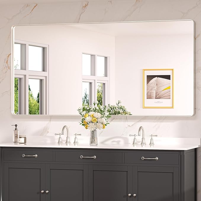 Keonjinn 72 x 36 Brushed Nickel Bathroom Vanity Mirror, Large Rounded Rectangle by Keonjinn