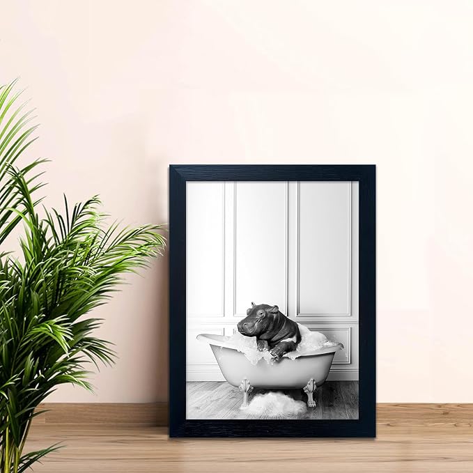 Framed Bathroom Decor Wall Art Black and White Canvas Print Cute Hippo in - Image 7