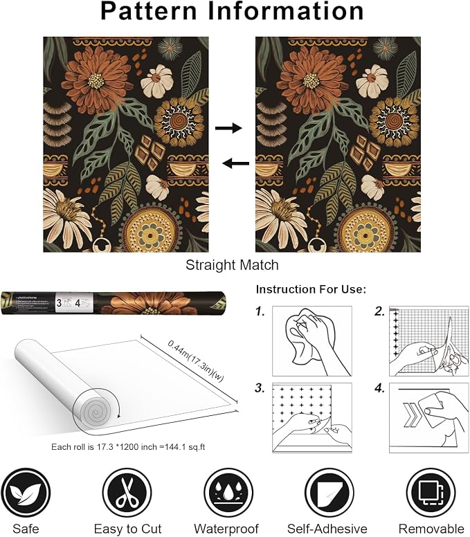 Simon&Siff Boho Peel and Stick Wallpaper, 17.3" x 1200" Sun Floral Retro - Image 7