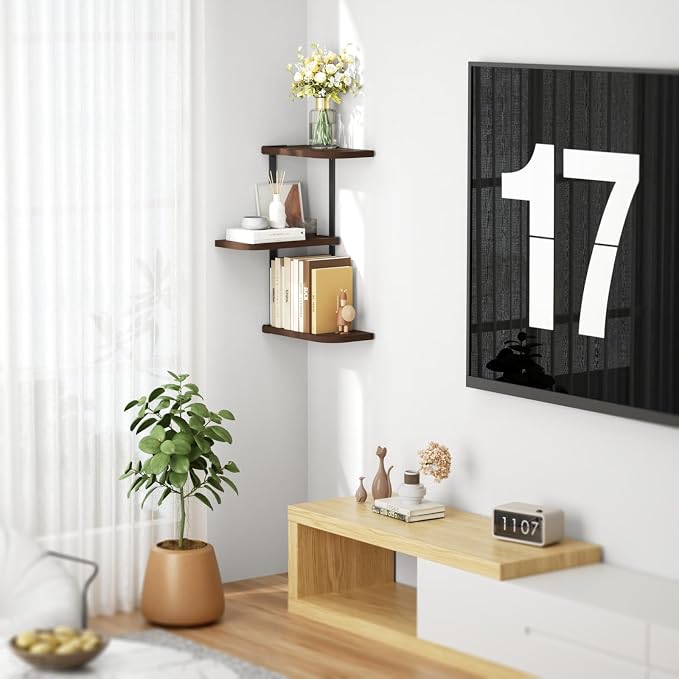 Love-KANKEI Corner Shelf Wall Mount of 3 Tier Rustic Wood Floating Shelves - Image 6