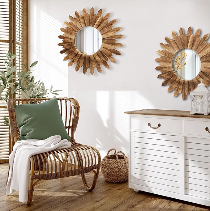 LOSOUR 2 Pack 22 Inch Boho Wall Sunburst Mirror Rustic Round Wood Decorative - Image 2