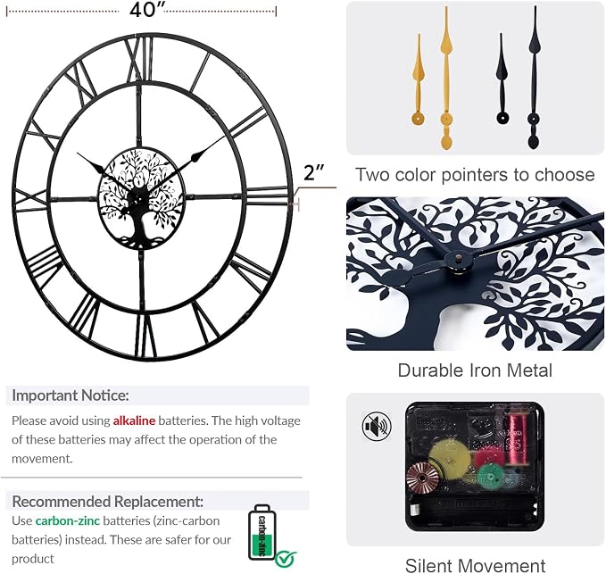40 Inch Large Wall Clock for Living Room – Black Metal Clock - Image 2