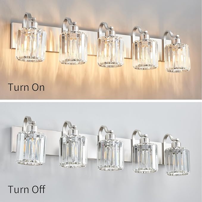 Modern Crystal Bathroom Vanity Light 5 Light Brushed Nickel Vanity Lighting - Image 7