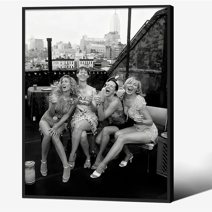 Retro Black And White Woman Black Framed Wall Art Fashion Rooftop Party Posters by FuSatisYilife