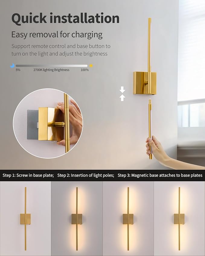 KDG Cordless Wall Sconces Set of 2, Wireless 5200mAh Rechargeable Battery - Image 4
